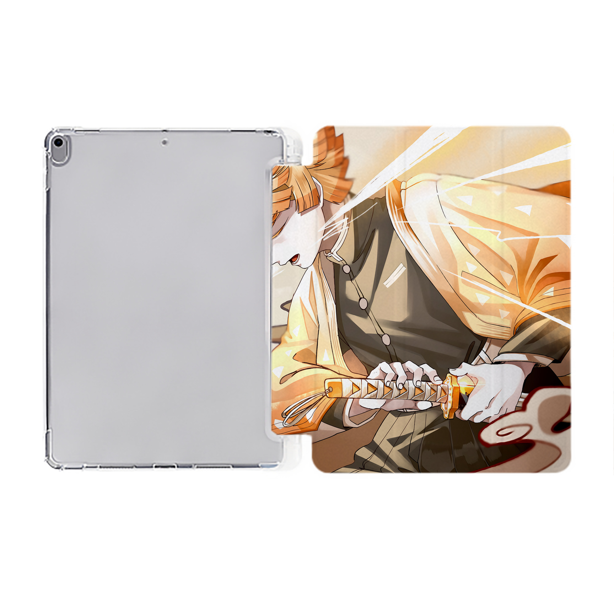 （画像用） 鬼滅の刃（きめつのやいば）我妻 善逸／あがつま ぜんいつ Agatsuma Zenitsu IPad ケース ペン収納付き 三つ折りスタンド PUレザー×シリコン 対応機種9.5/10.5/10.9インチ